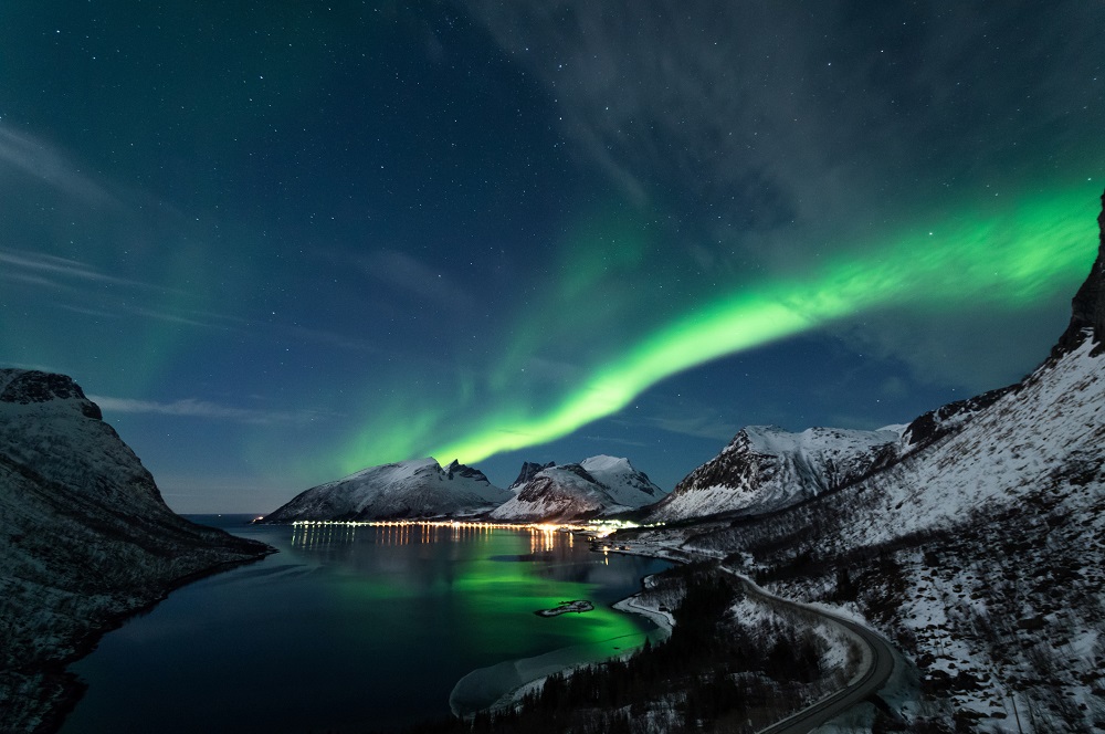 Northern lights are brighten up the sky in Senja, Norway.